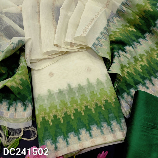 CODE DC241502 : Half white base jamdani woven premium silk cotton unstitched salwar material(thin fabric, lining needed)green silk cotton bottom, jamdani woven premium silk cotton dupatta with tassels.