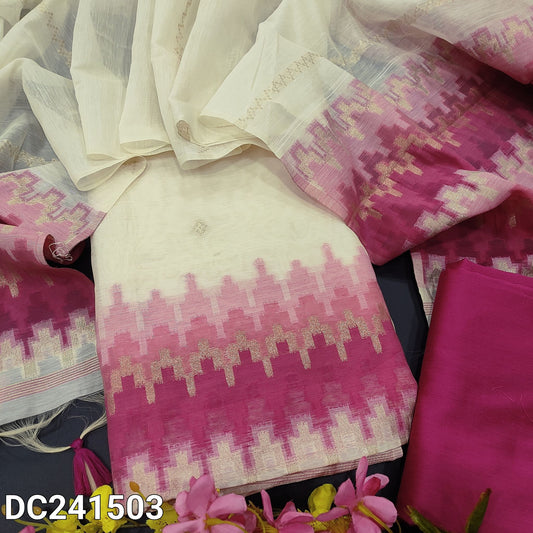 CODE DC241503 : Half white base jamdani woven premium silk cotton unstitched salwar material(thin fabric, lining needed)pink silk cotton bottom, jamdani woven premium silk cotton dupatta with tassels.