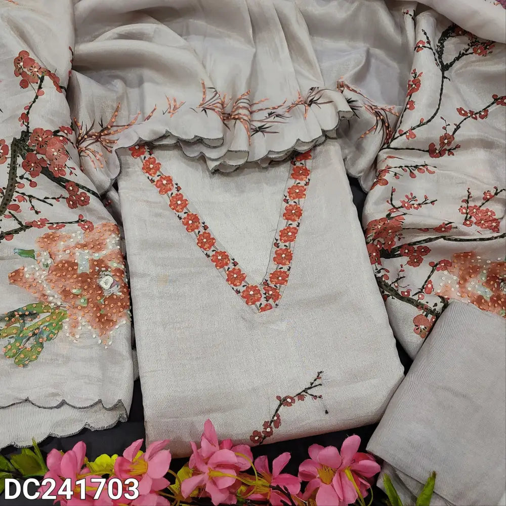 CODE DC241703: Pale lavender with golden tint digital printed pure tissue silk unstitched salwar material v neck