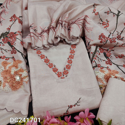 CODE DC241701 : Pale pink with golden tint digital printed pure tissue silk unstitched salwar material, v neck with thread work, rich hand work on front(thin, lining needed)matching santoon bottom, printed tissue silk dupatta with rich hand work.