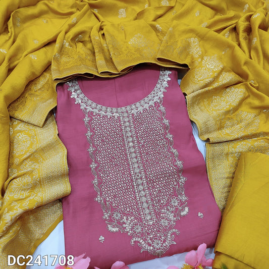 CODE DC241708 : Pink silk cotton unstitched salwar material, zari& sequins work on yoke& front(silky fabric, lining needed)mehandhi yellow silk cotton bottom, soft silk cotton dupatta with zari woven buttas& borders.