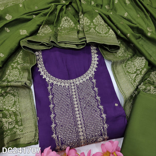 CODE DC241707 : Dark purple silk cotton unstitched salwar material, zari& sequins work on yoke& front(silky fabric, lining needed)bright mossy green silk cotton bottom, soft silk cotton dupatta with zari woven buttas& borders.