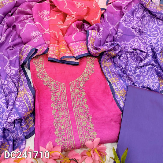 CODE DC241710 : Bright pink &dark purple dual shaded pure maslin silk unstitched salwar material, zari& sequins work on yoke(shiny fabric, lining needed)dark purple silk cotton bottom, multi color maslin silk short width dupatta.