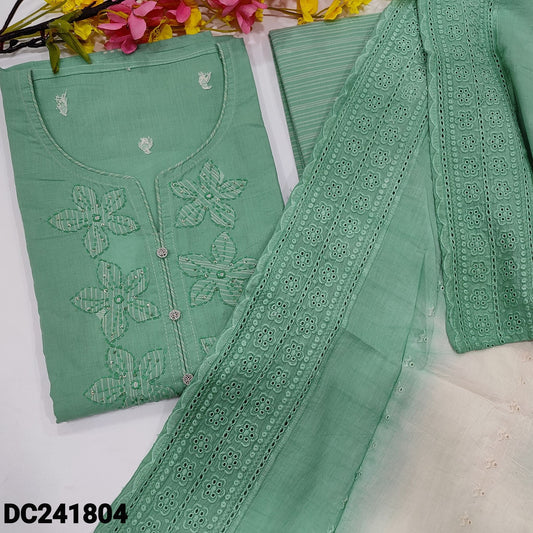 CODE DC241804 : Sea green soft dobby cotton unstitched salwar material, fancy buttons &applique work on yoke, thread woven buttas all over(lining needed)striped dobby cotton bottom, schiffli embroidered dual shaded pure mul cotton dupatta.