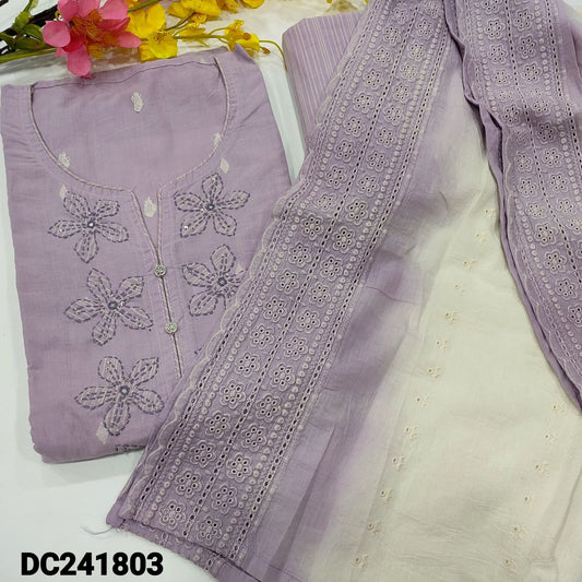 CODE DC241803 : Lavender soft dobby cotton unstitched salwar material, fancy buttons &applique work on yoke, thread woven buttas all over(lining needed)striped dobby cotton bottom, schiffli embroidered dual shaded pure mul cotton dupatta.