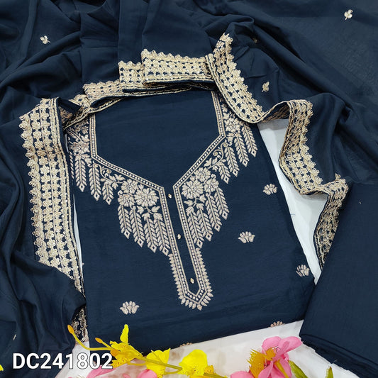 CODE DC241802 : Dark blue pure dola silk unstitched salwar material, zari weaving design on front(silky fabric, lining needed)matching santoon bottom, short width soft silk cotton dupatta with zari& sequins work.