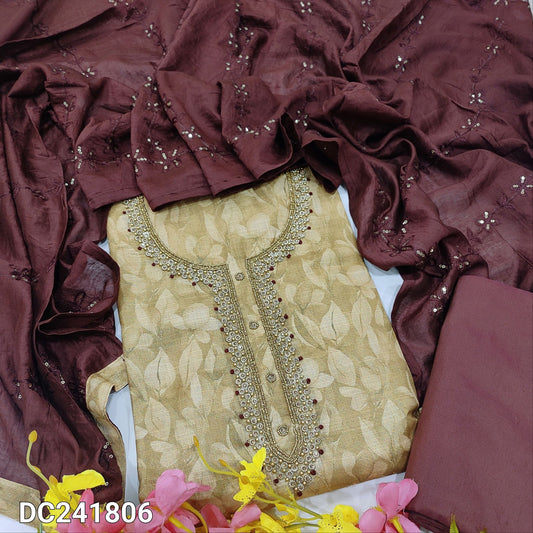 CODE DC241806 : Golden beige leafy printed soft tissue silk cotton unstitched salwar material, bead& thread work on yoke(thin fabric, lining needed)maroon silk cotton bottom, embroidered fancy soft silk cotton dupatta with sequins work.