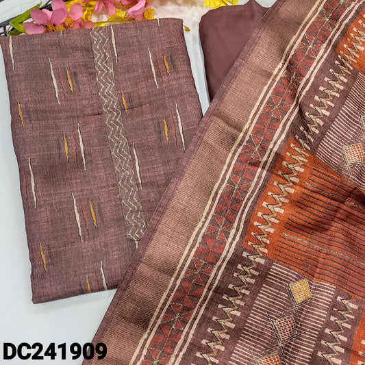 CODE DC241909 : Dark mauve digital printed crinkled tissue silk cotton unstitched salwar material, zari work on yoke(thin fabric, lining needed)matching santoon bottom, abstract printed crinkled tissue silk cotton dupatta with zari work.