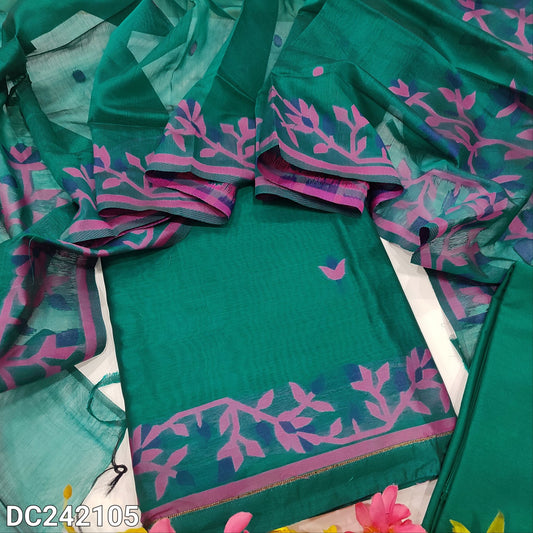 CODE DC242105 : Peacock green jamdani woven premium silk cotton unstitched salwar material(thin fabric, lining needed)matching cotton bottom, jamdani woven premium silk cotton dupatta.