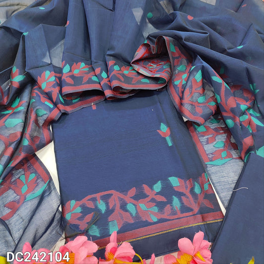 CODE DC242104 : Dark blue jamdani woven premium silk cotton unstitched salwar material(thin fabric, lining needed)matching cotton bottom, jamdani woven premium silk cotton dupatta.