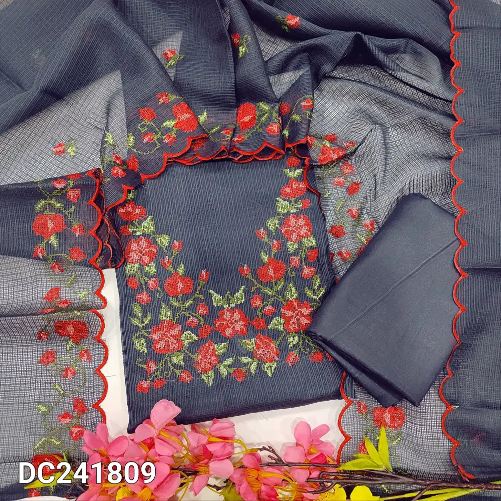 CODE DC241809: Dark blue fancy super net unstitched salwar material cross stitch embroidered on yoke(netted fabric