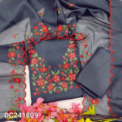 CODE DC241809: Dark blue fancy super net unstitched salwar material cross stitch embroidered on yoke(netted fabric