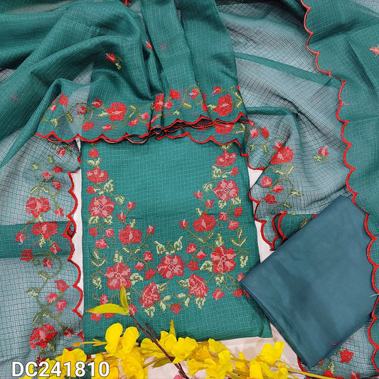 CODE DC241810 : Peacock green fancy super net unstitched salwar material, cross stitch embroidered on yoke(netted fabric, lining needed)matching silky bottom, cross stitch embroidered fancy super net dupatta.