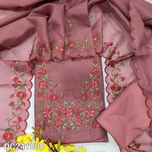 CODE DC241808 : Dark onion pink fancy super net unstitched salwar material, cross stitch embroidered on yoke(netted fabric, lining needed)matching silky bottom, cross stitch embroidered fancy super net dupatta.