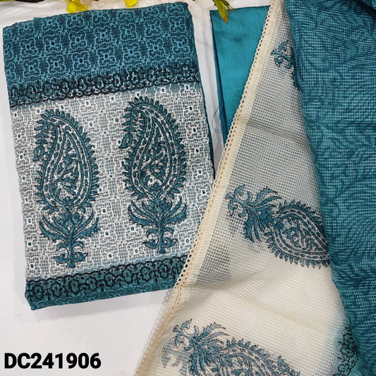 CODE DC241906 : Turquoise blue schiffli embroidered fancy super net unstitched salwar material, block printed on yoke(netted fabric, lining needed)matching silk cotton bottom, block printed fancy super net dupatta with lace tapings.