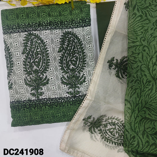 CODE DC241908 : Green schiffli embroidered fancy super net unstitched salwar material, block printed on yoke(netted fabric, lining needed)matching silk cotton bottom, block printed fancy super net dupatta with lace tapings.