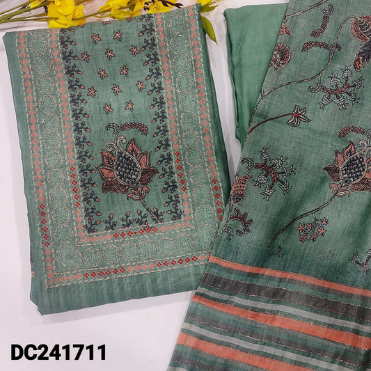 CODE DC241711 : Blue shade digital printed silk cotton unstitched salwar material, printed& zari work on yoke(thin fabric, lining needed)matching santoon bottom, digital printed silk cotton dupatta with zari work.