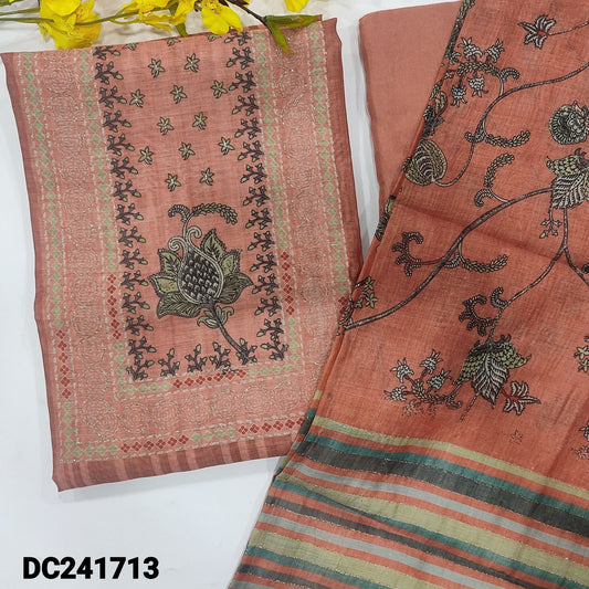 CODE DC241713 : Peachish pink digital printed silk cotton unstitched salwar material, printed& zari work on yoke(thin fabric, lining needed)matching santoon bottom, digital printed silk cotton dupatta with zari work.