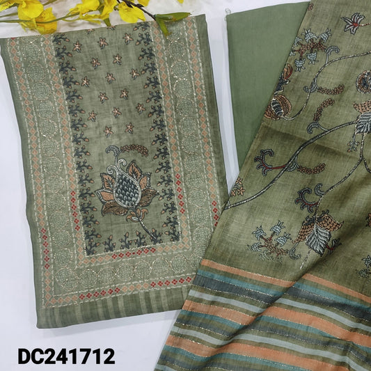 CODE DC241712 : Cement green digital printed silk cotton unstitched salwar material, printed& zari work on yoke(thin fabric, lining needed)matching santoon bottom, digital printed silk cotton dupatta with zari work.