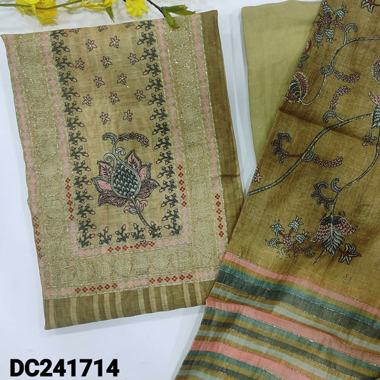 CODE DC241714 : Dark beige digital printed silk cotton unstitched salwar material, printed& zari work on yoke(thin fabric, lining needed)matching santoon bottom, digital printed silk cotton dupatta with zari work.