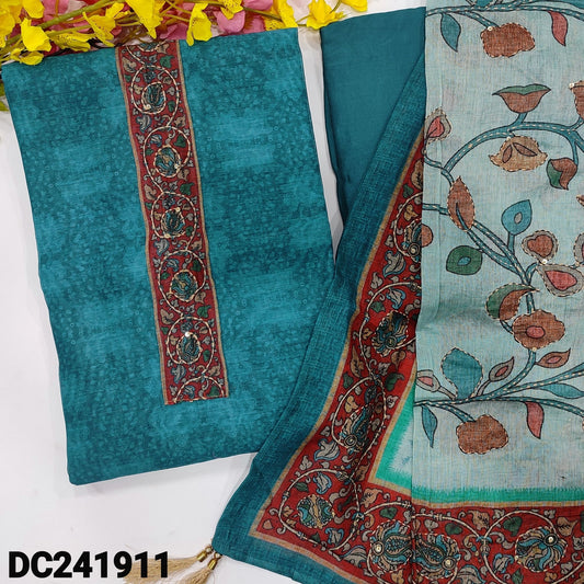 CODE DC241911 : Dark blue sobar digital printed silk cotton unstitched salwar material, kantha stitch& sequins work on yoke(thin fabric, lining needed)matching santoon bottom, digital printed heavy hand embroidered silk cotton full length dupatta.