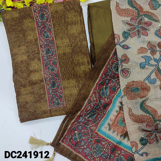 CODE DC241912 : Olive green sobar digital printed silk cotton unstitched salwar material, kantha stitch& sequins work on yoke(thin fabric, lining needed)matching santoon bottom, digital printed heavy hand embroidered silk cotton full length dupatta.