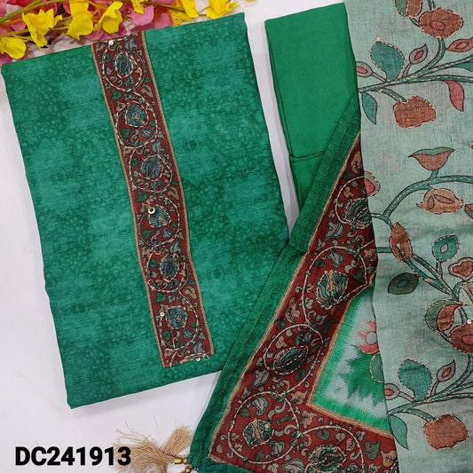 CODE DC241913 : Turquoise green sobar digital printed silk cotton unstitched salwar material, kantha stitch& sequins work on yoke(thin fabric, lining needed)matching santoon bottom, digital printed heavy hand embroidered silk cotton full length dupatta.