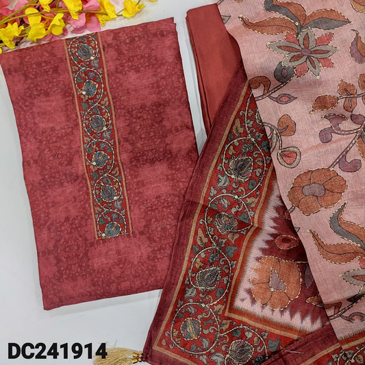 CODE DC241914 : Dark onion pink sobar digital printed silk cotton unstitched salwar material, kantha stitch& sequins work on yoke(thin fabric, lining needed)matching santoon bottom, digital printed heavy hand embroidered silk cotton full length dupatta.