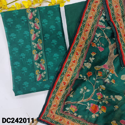 CODE DC242011 : Bright teal green sobar digital printed silk cotton unstitched salwar material, kantha stitch on yoke(thin fabric, lining needed)matching santoon bottom, digital printed silk cotton dupatta with embroidered.