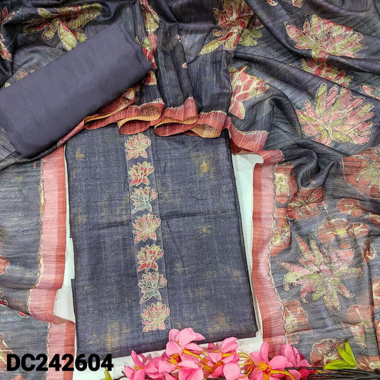 CODE DC242604 : Dark purple digital abstract printed premium jute silk unstitched salwar material, zari work on yoke(thin fabric, lining needed)matching santoon bottom, floral printed premium jute silk dupatta with heavy zari work.