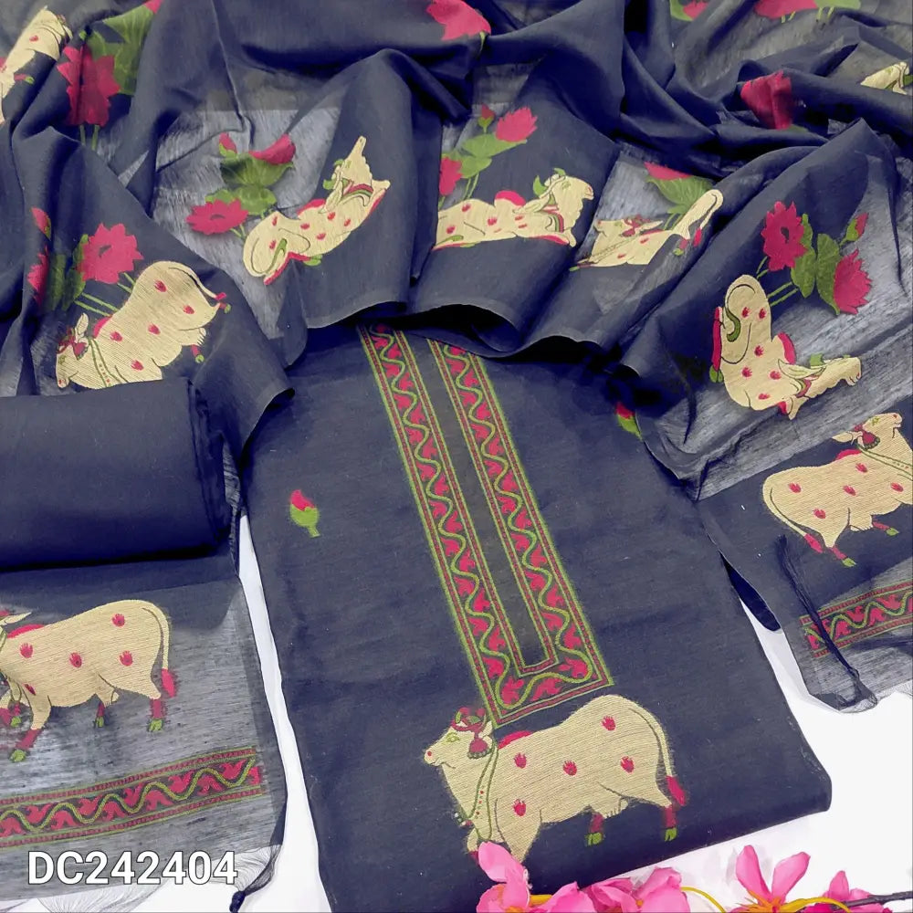 CODE DC242404: Dark blue jamdani woven premium silk cotton unstitched salwar material(thin fabric lining