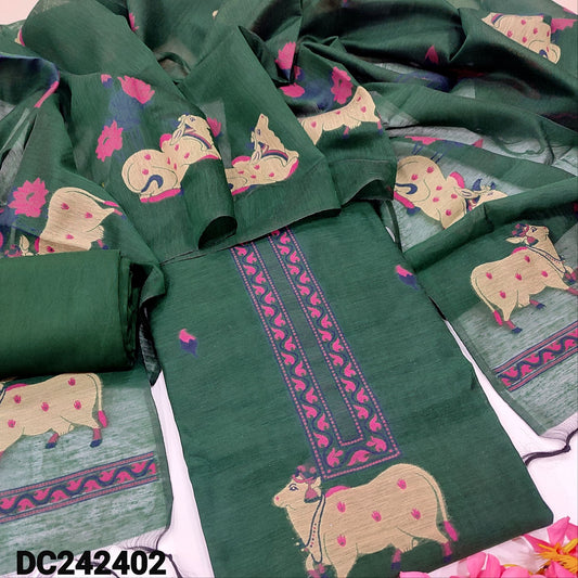 CODE DC242402 : Bottle green jamdani woven premium silk cotton unstitched salwar material(thin fabric, lining needed)matching santoon bottom, jamdani woven premium soft silk cotton dupatta with tassels.