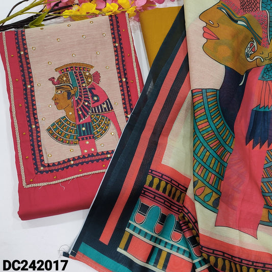 CODE DC242017 : Bright pink satin cotton unstitched salwar material, tribal printed yoke with faux mirror work(lining optional)bright pink cotton bottom, digital printed silk cotton dupatta.