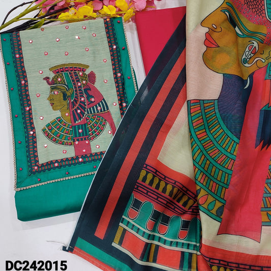 CODE DC242015 : Turquoise green satin cotton unstitched salwar material, tribal printed yoke with faux mirror work(lining optional)bright pink cotton bottom, digital printed silk cotton dupatta.