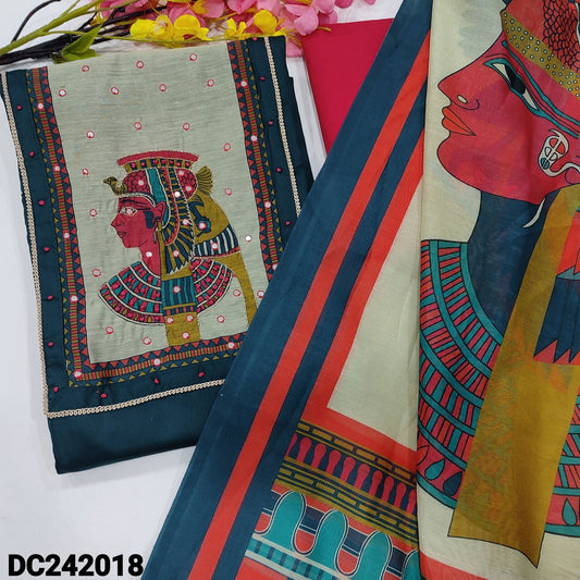 CODE DC242018 : Dark teal blue satin cotton unstitched salwar material, tribal printed yoke with faux mirror work(lining optional)bright pink cotton bottom, digital printed silk cotton dupatta.