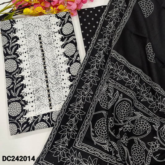 CODE DC242014 : Black base printed soft cotton unstitched salwar material, real mirror &lace work on yoke(lining optional)printed cotton bottom, printed pure cotton dupatta