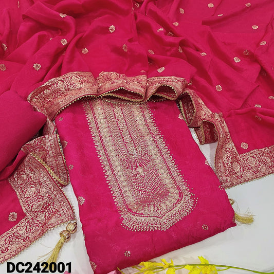 CODE DC242001 : Bright pink jakard dola silk unstitched salwar material, zari work on yoke& front, self design all over(silky fabric, lining needed)matching santoon bottom, dola silk dupatta with zari woven buttas& borders.