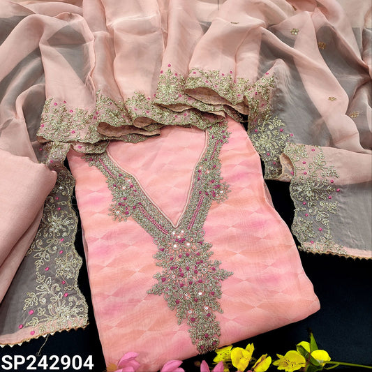 CODE SP242904 : Pastel pink designer abstract printed pure organza semi stitched salwar material, v neck with rich zari& sequins work(thin fabric, lining needed)matching santoon bottom, short width pure organza dupatta with zari& sequins work.