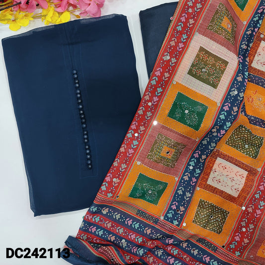 CODE DC242113 : Dark blue semi georgette unstitched salwar material, potli buttons on yoke(lining needed)matching silky fabric provided for both bottom& lining, abstract printed semi georgette dupatta with real mirror work.