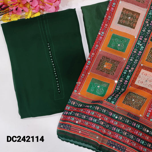 CODE DC242114 : Dark green semi georgette unstitched salwar material, potli buttons on yoke(lining needed)matching silky fabric provided for both bottom& lining, abstract printed semi georgette dupatta with real mirror work.