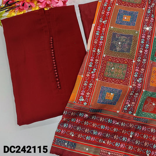 CODE DC242115 : Reddish maroon semi georgette unstitched salwar material, potli buttons on yoke(lining needed)matching silky fabric provided for both bottom& lining, abstract printed semi georgette dupatta with real mirror work.