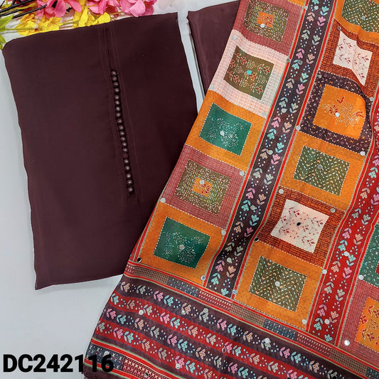 CODE DC242116 : Deep wine purple semi georgette unstitched salwar material, potli buttons on yoke(lining needed)matching silky fabric provided for both bottom& lining, abstract printed semi georgette dupatta with real mirror work.