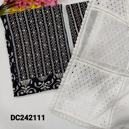 CODE DC242111 : Black printed premium cotton unstitched salwar material, faux mirror work on yoke(lining optional)printed cotton bottom, designer premium cotton dupatta with applique work.