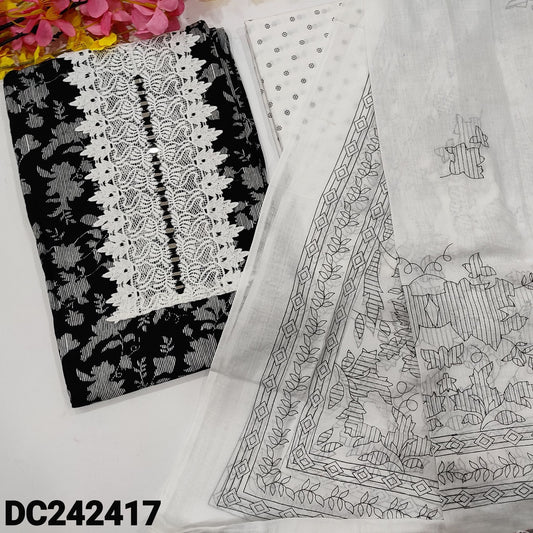 CODE DC242417 : Black &white soft cotton unstitched salwar material, real mirror& lace work on yoke(lining optional)printed soft cotton bottom, printed pure mul cotton dupatta.