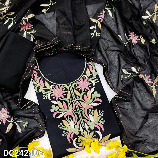 CODE DC242406 : Black satin cotton unstitched salwar material, embroidered on yoke& front(lining optional)matching cotton bottom, embroidered fancy soft silk cotton dupatta.