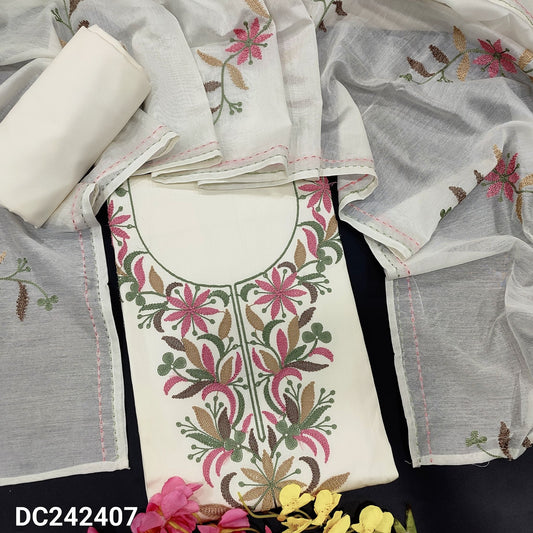 CODE DC242407 : Half white satin cotton unstitched salwar material, embroidered on yoke& front(lining optional)matching cotton bottom, embroidered fancy soft silk cotton dupatta.