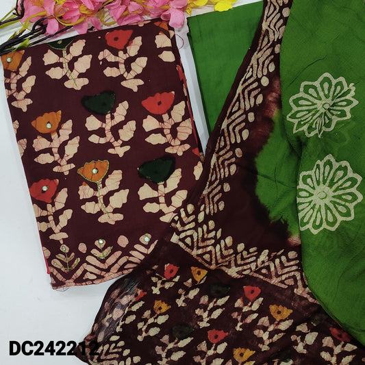 CODE DC242212 : Dark maroon original batik dyed pure cotton unstitched salwar material, thread& faux mirror work on front(lining needed)batik dyed mossy green cotton bottom, dual shaded batik dyed pure chiffon dupatta.