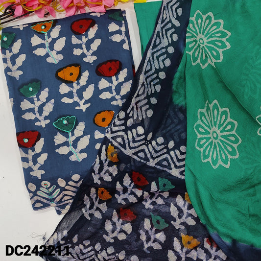 CODE DC242211 : Dark blue original batik dyed pure cotton unstitched salwar material, thread& faux mirror work on front(lining needed)batik dyed turquoise green cotton bottom, dual shaded batik dyed pure chiffon dupatta.