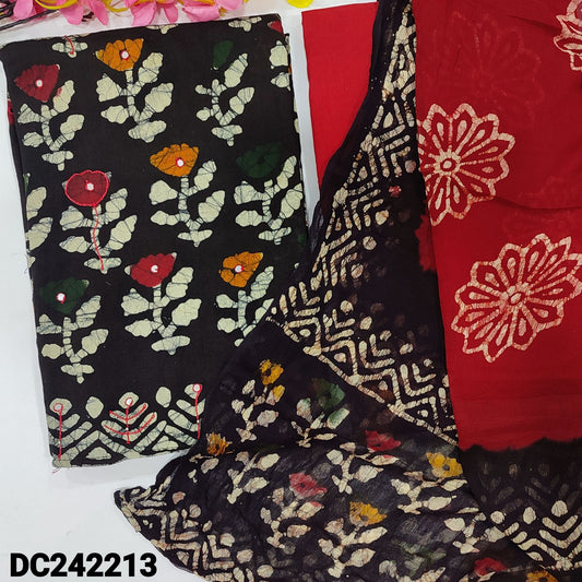 CODE DC242213 : Black original batik dyed pure cotton unstitched salwar material, thread& faux mirror work on front(lining needed)batik dyed reddish maroon cotton bottom, dual shaded batik dyed pure chiffon dupatta.