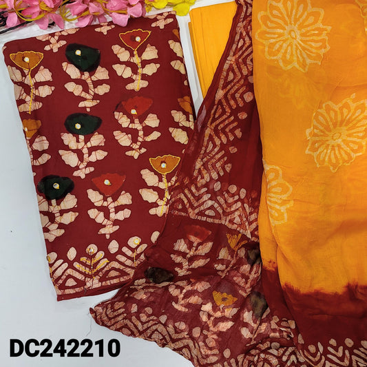 CODE DC242210 : Reddish maroon original batik dyed pure cotton unstitched salwar material, thread& faux mirror work on front(lining needed)Plain yellow cotton bottom, dual shaded batik dyed pure chiffon dupatta.